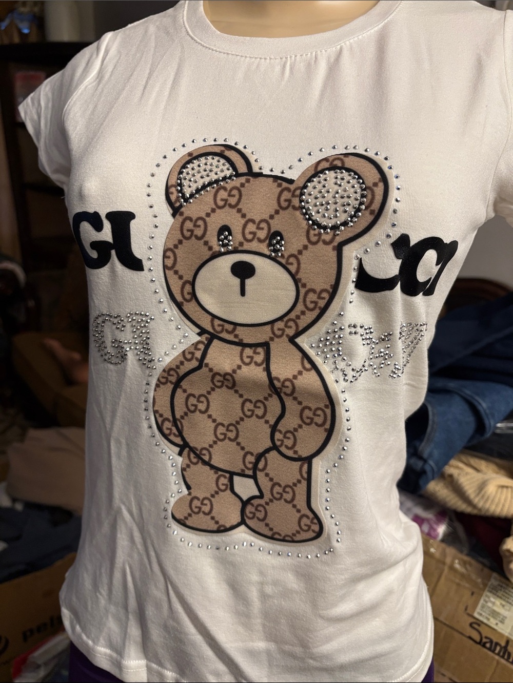 Kids White Teddy Logo Tee with Crystal Accents